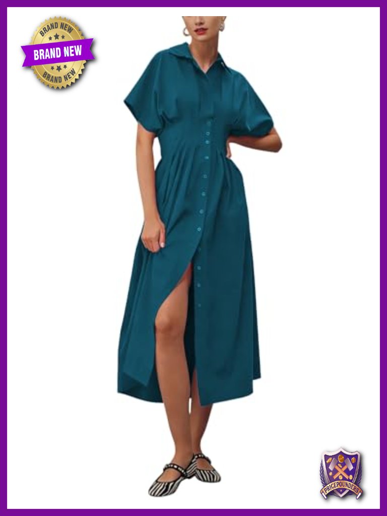 Women's Pleated Maxi Sundress With Pockets - Summer Casual Button Down Shirt